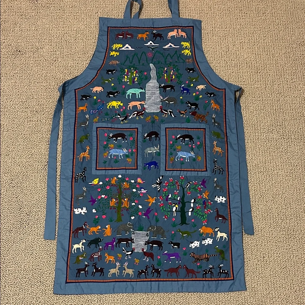 Traditional Vtg Hmong Story Cloth Peaceful Animals Embroidered Blue Adult Apron